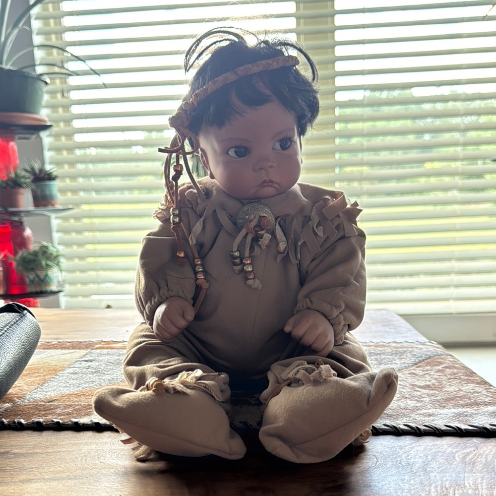 Adorable Tan Baby Doll with Beaded Headband